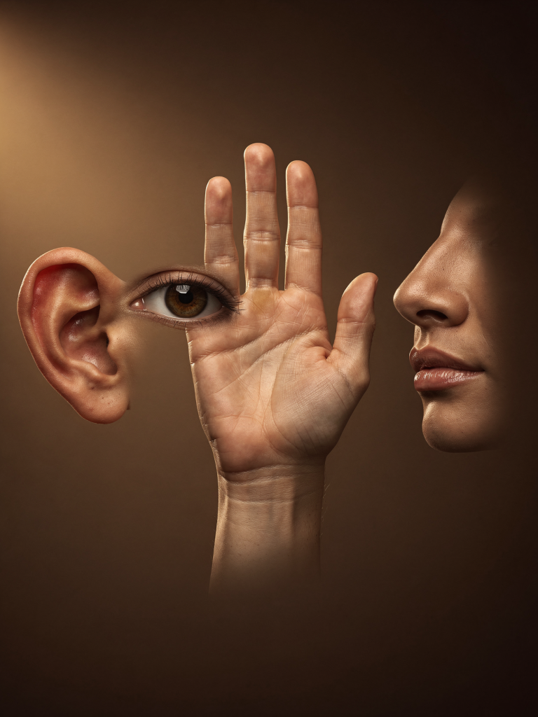 Ilustración conceptual de los sentidos: oído, vista, tacto y olfato.